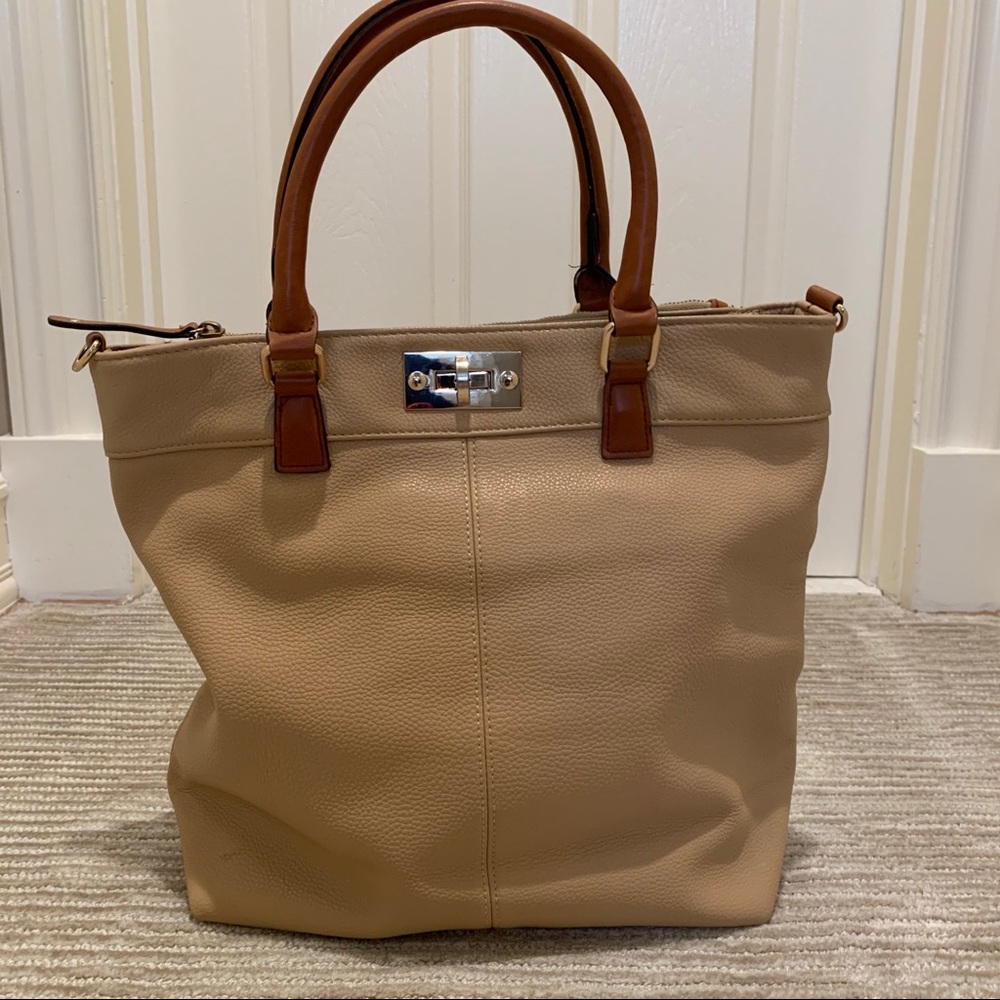 Large tan pebble-textured tote